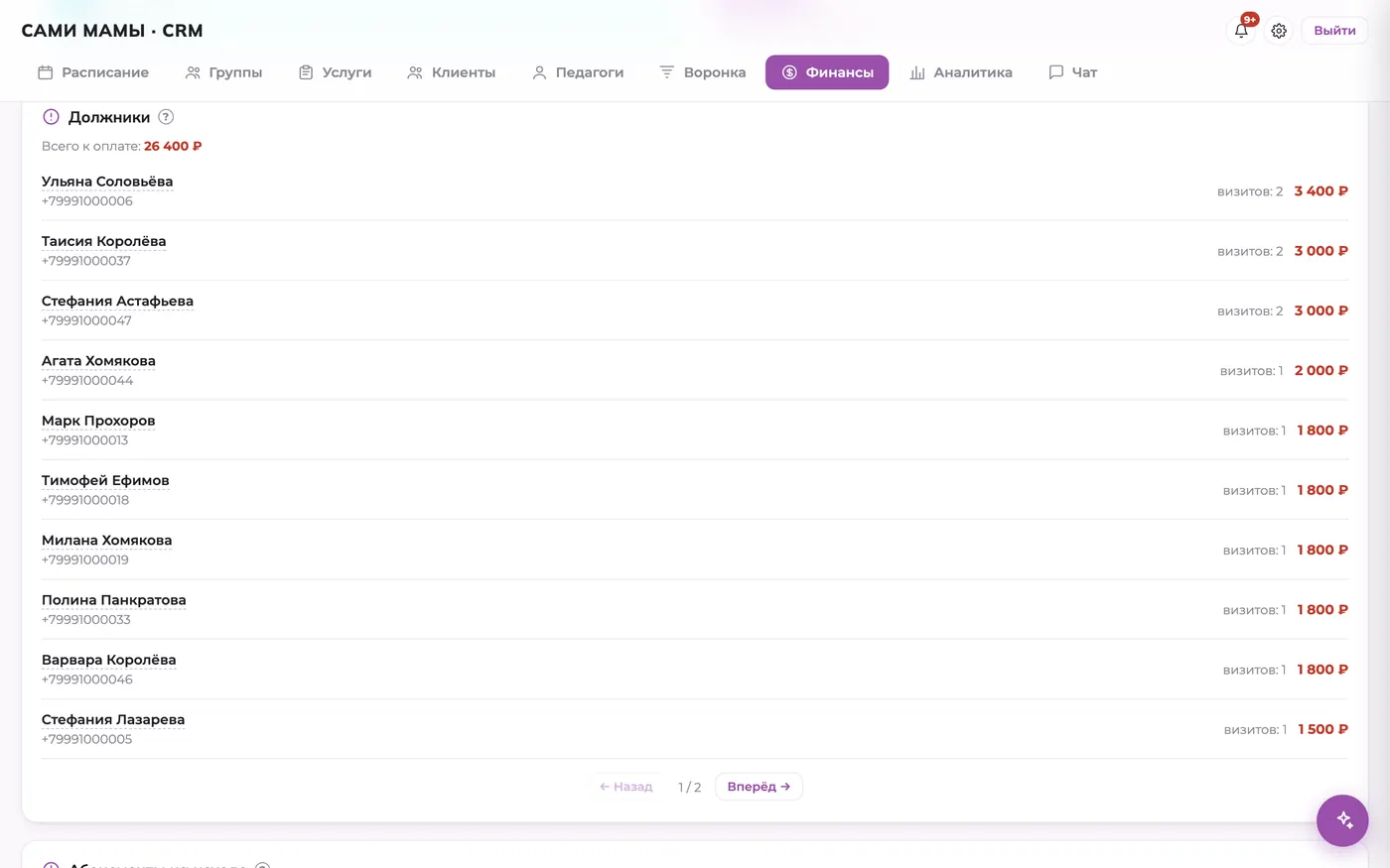 Список должников детского клуба с суммами и датами задолженности в CRM