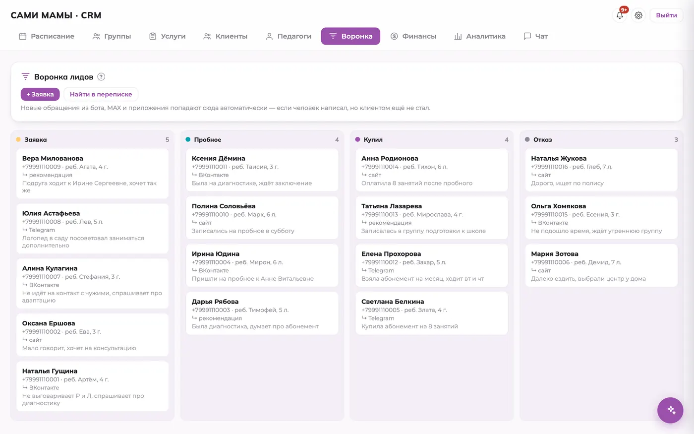 Воронка заявок детского клуба в CRM: путь клиента от обращения до записи